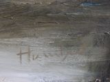 a painting of a man sitting on a bench in the rain
