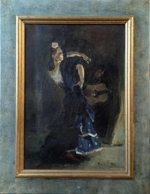 an oil painting of a woman in a blue dress holding a guitar