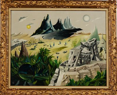 a painting of a desert scene with mountains in the background