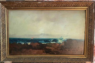 an oil painting of a beach scene with waves crashing on the rocks