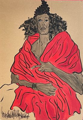 tableau représentant une femme enveloppée dans une couverture rouge, assise sur un rocher