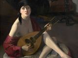 painting of a woman sitting on a cushion with a guitar in front of her