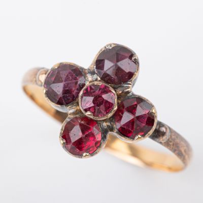 Bague "trèfle" grenats, monture or 18K - Photo 1