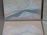 three paintings of blue and white waves on a gray surface