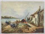 a painting of boats on the shore by the water