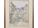 painting of a street scene with a bench and buildings in the background