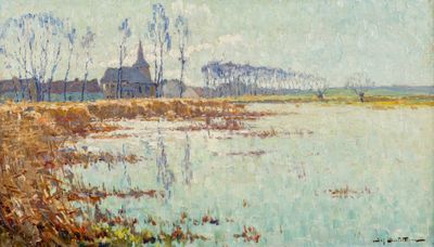 une image représentant un tableau où l'on voit une rivière avec une église en arrière-plan