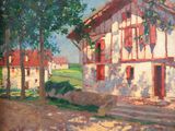 a painting of a house on the side of the road