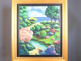 a painting of a garden with trees and flowers in it