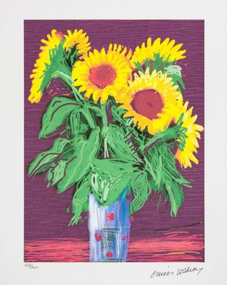 une peinture de tournesols dans un vase sur une table
