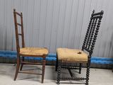 pair of antique wooden chairs with rope seat and back rest