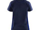 the back of a women ' s shirt with a blue and black design