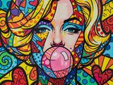 a painting of a woman with a bubble in her mouth