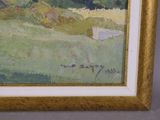 an oil painting of a cow grazing in a field with trees in the background
