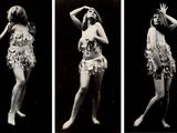 three black and white photographs of a woman in a feathered dress