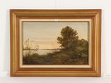 une peinture à l'huile représentant un paysage avec des arbres et une rivière