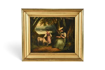 une image représentant un tableau où l'on voit deux femmes et un chien dans un décor boisé