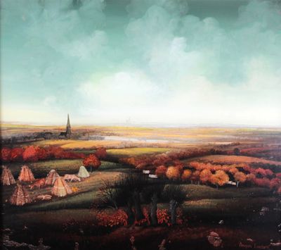un tableau représentant un paysage rural avec une église au loin