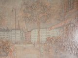 drawing of a painting of a city square with people walking around it