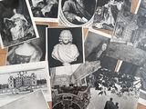 several old black and white photographs of people on a wooden floor