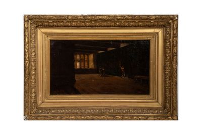 an image of a painting of a room with a window and a cat