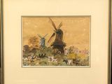 painting of a windmill in a field with cows in the foreground