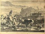 un dessin représentant un homme à cheval avec un troupeau de bovins