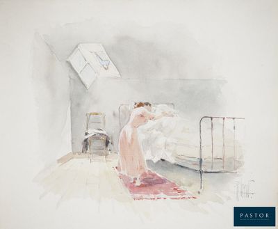 une aquarelle représentant une femme debout dans une chambre d'hôpital