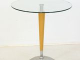 a glass table with a wooden base and a glass top
