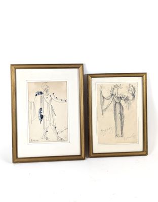 deux dessins encadrés représentant un homme et une femme en robe