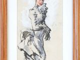 un tableau représentant une femme en manteau et gants