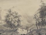 a drawing of a mountain scene with a man and a horse