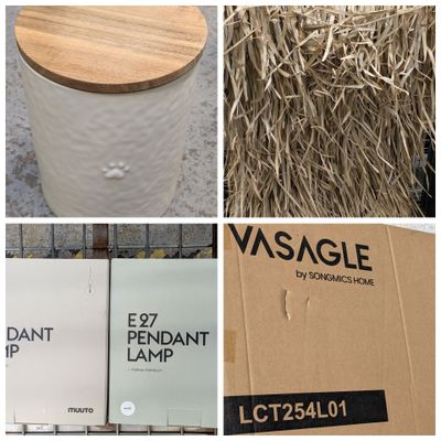 several pictures of various items that include a lamp, a box, and hay