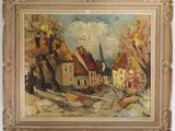 an oil painting of a village scene with a church in the background