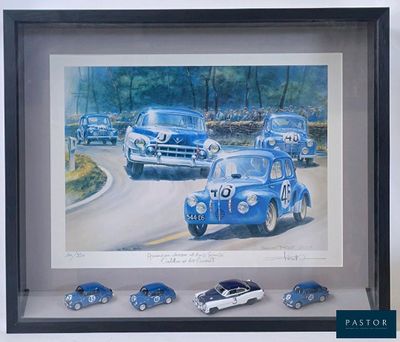 a picture of a painting of a group of cars