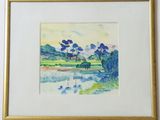 watercolor painting of a landscape with trees and a lake
