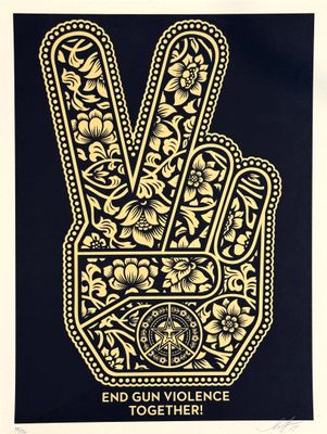a black and gold poster with a peace sign made out of flowers