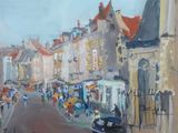une peinture d'une rue de la ville avec des gens qui y marchent