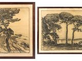 two framed drawings of trees on a hill with a lake in the background