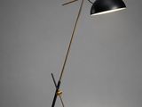 a black and gold floor lamp with a black shade on top of it