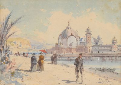 un tableau représentant des personnes marchant sur la plage près de l'eau