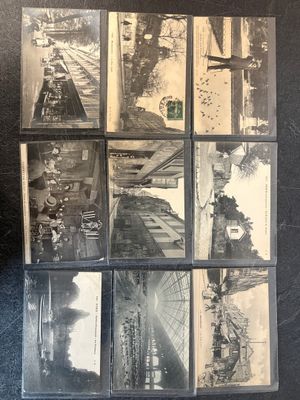 several old black and white photographs of a train on a train track