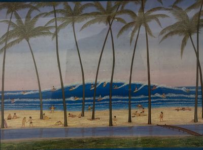 tableau représentant une scène de plage avec des palmiers et des personnes sur la plage