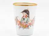 a cup with a picture of a man and a dog on it