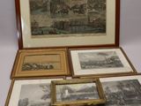 quatre tableaux représentant une scène fluviale et un tableau représentant une ville