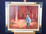 a painting of a boy holding a bunch of flowers on a easel
