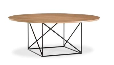 une table ronde en bois avec un piètement en métal et un plateau en bois
