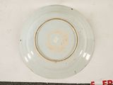 a white plate with a brown rim sitting on a table