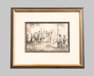 an old picture of a group of people gathered around a fire