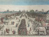 an old drawing of a parade of horses and carriages in a park